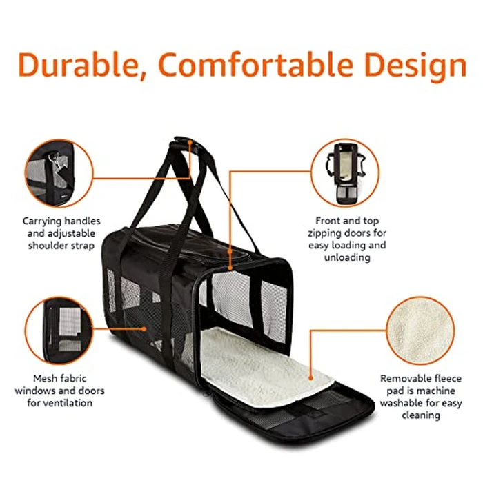 Amazon Basics Soft-Sided Mesh Pet Travel Carrier for Dog, Cat, up to 16 pounds , 16.5" L x 10.6" W x 11" H, Black by Amazon Basics - Image 4