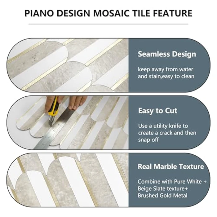 Vamos Peel and Stick Backsplash Seamless Tile for Kitchen and Bathroom,White and Beige Slate PVC Mixed Light Gold Self Adhesive Fish Scale Metal Mosaic Tiles (10 Sheets) by Vamos Tile - Image 2