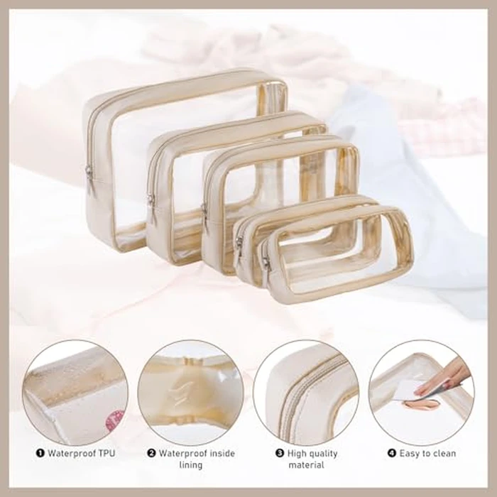 Remobia Hicol TSA Approved 5-Piece Diaper Bag Organizer Pouch Set Clear Waterproof TPU Kids Toiletry Storage Set Travel Packing Clutch Cube Bags for Baby Nursing(Cream leather) by Remobia Hicol - Image 4