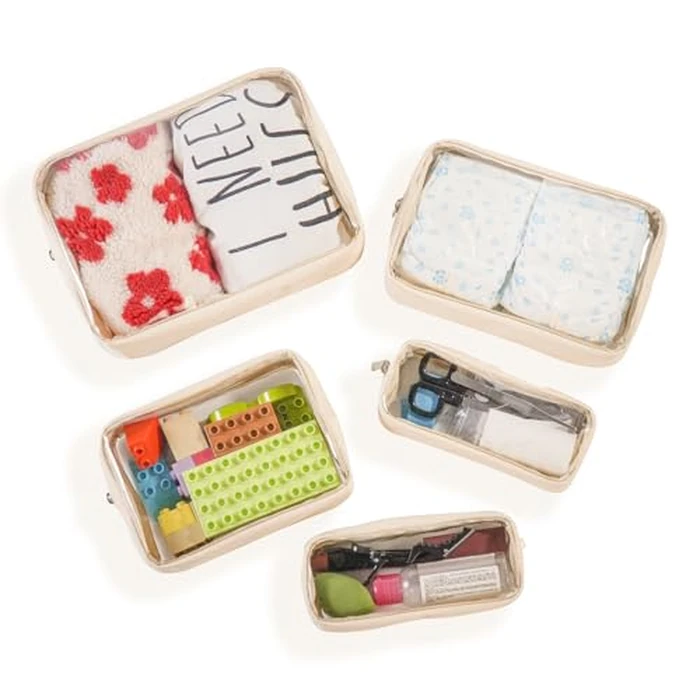 Remobia Hicol TSA Approved 5-Piece Diaper Bag Organizer Pouch Set Clear Waterproof TPU Kids Toiletry Storage Set Travel Packing Clutch Cube Bags for Baby Nursing(Cream leather) by Remobia Hicol - Image 7