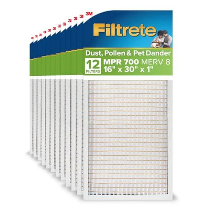 Filtrete 16x30x1 AC Furnace Air Filter, MPR 700, MERV 8, Tough on Pollen, Easy on Airflow, 3-Month Pleated 1-Inch Electrostatic Air Cleaning Filter, 12-Pack (Actual Size 15.81 x 29.81 x 0.81 in) by Filtrete - Image 1