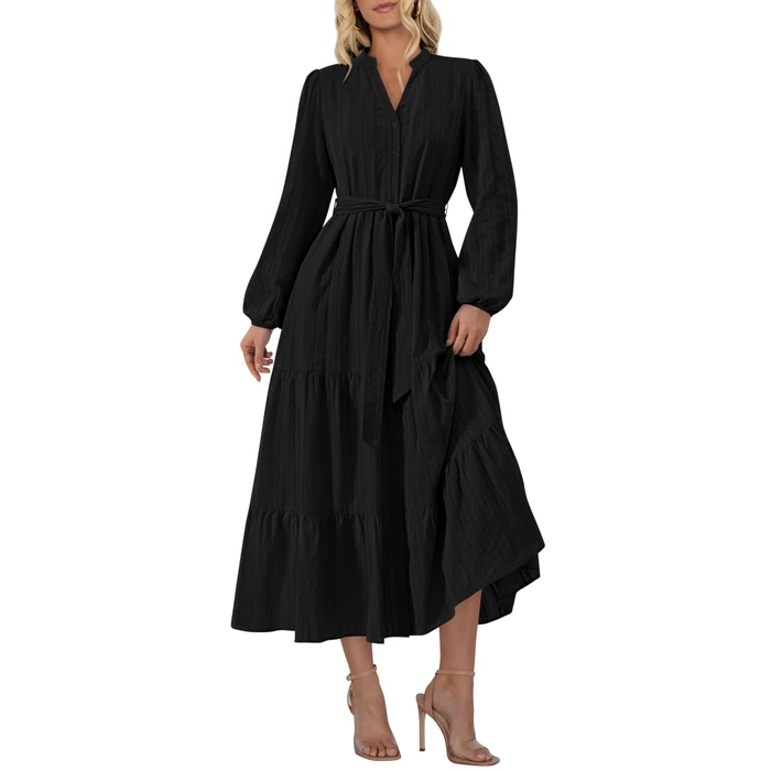 PRETTYGARDEN Womens V Neck Long Sleeve Maxi Dresses 2026 Spring Casual Button Down A Line Flowy Formal Wedding Guest Dress with Pockets (Black,S) by PRETTYGARDEN - Used - Like New condition - US$27.91