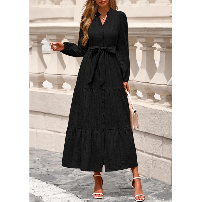 PRETTYGARDEN Womens V Neck Long Sleeve Maxi Dresses 2026 Spring Casual Button Down A Line Flowy Formal Wedding Guest Dress with Pockets (Black,S) by PRETTYGARDEN - Image 2