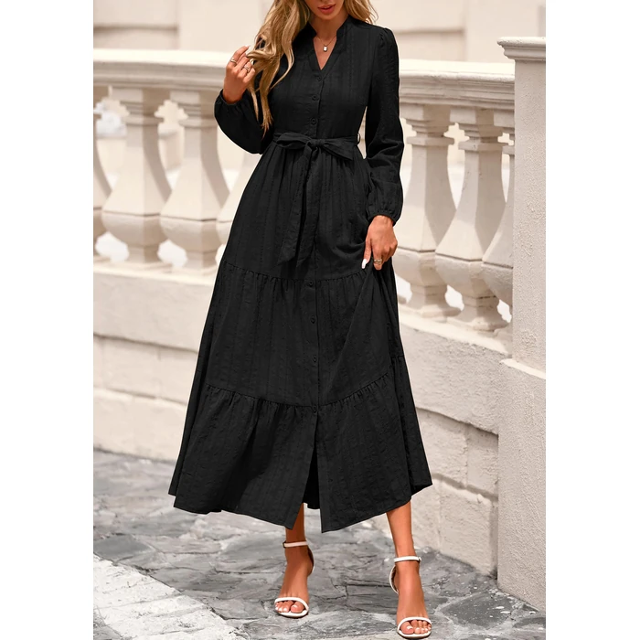 PRETTYGARDEN Womens V Neck Long Sleeve Maxi Dresses 2026 Spring Casual Button Down A Line Flowy Formal Wedding Guest Dress with Pockets (Black,S) by PRETTYGARDEN - Image 4