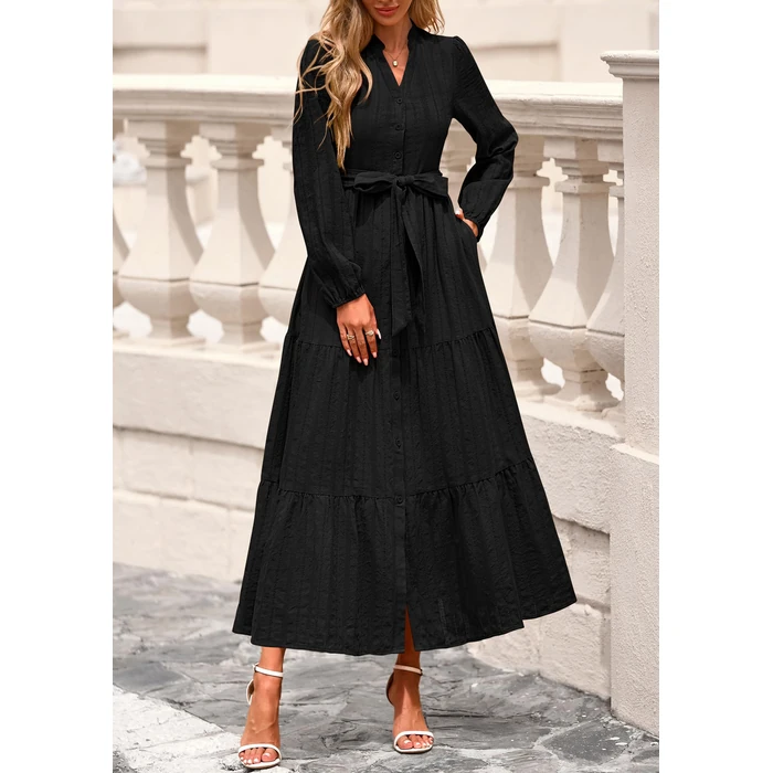 PRETTYGARDEN Womens V Neck Long Sleeve Maxi Dresses 2026 Spring Casual Button Down A Line Flowy Formal Wedding Guest Dress with Pockets (Black,S) by PRETTYGARDEN - Image 5