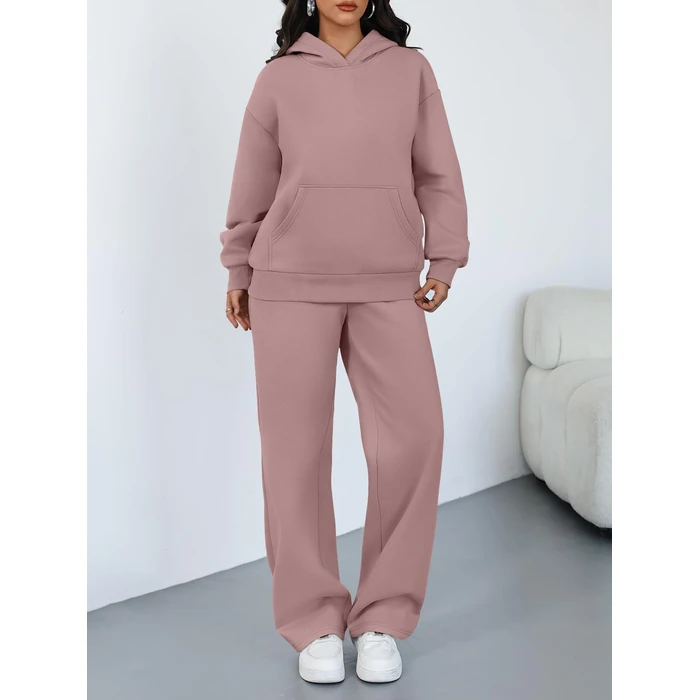 Trendy Queen 2 Piece Lounge Sweat Sets Plus Size Fall Fashion Matching Sweatsuits Wide Leg Pants Travel Outfit Winter Clothes DarkPink M by Trendy Queen - Image 2