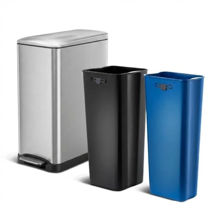 Home Zone Living 13 Gallon Slim Kitchen Trash Can with Dual Compartments for Trash and Recycling, Soft Close Lid, Step Pedal, Stainless Steel, Silver by Home Zone Living - Used - Acceptable condition - US$78.99