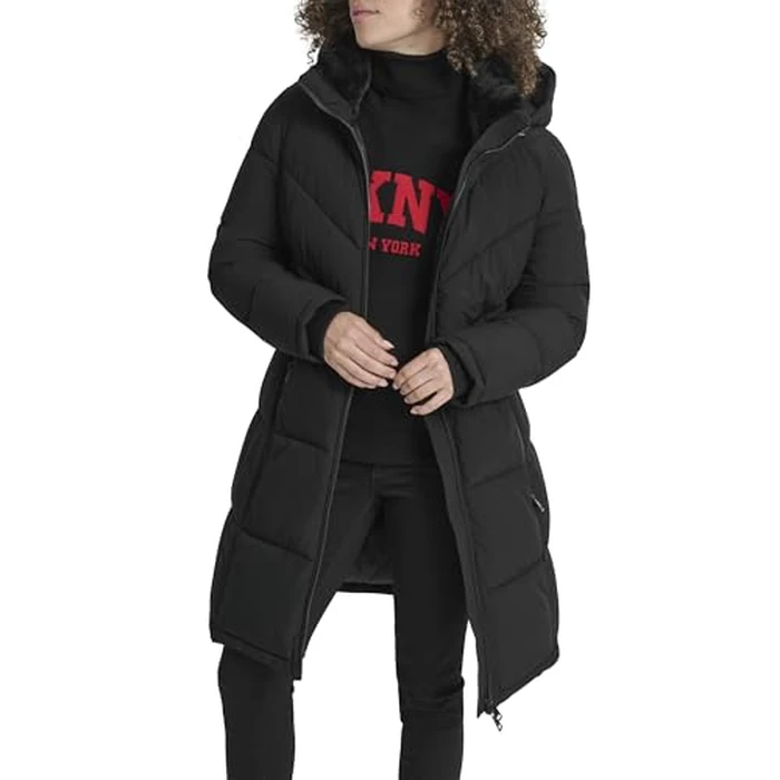 DKNY Women's Walker-Length Puffer Coat with Hood and Adjustable Internal Drawcord - Quilted Long Winter Jacket, Black, S by DKNY - Image 1