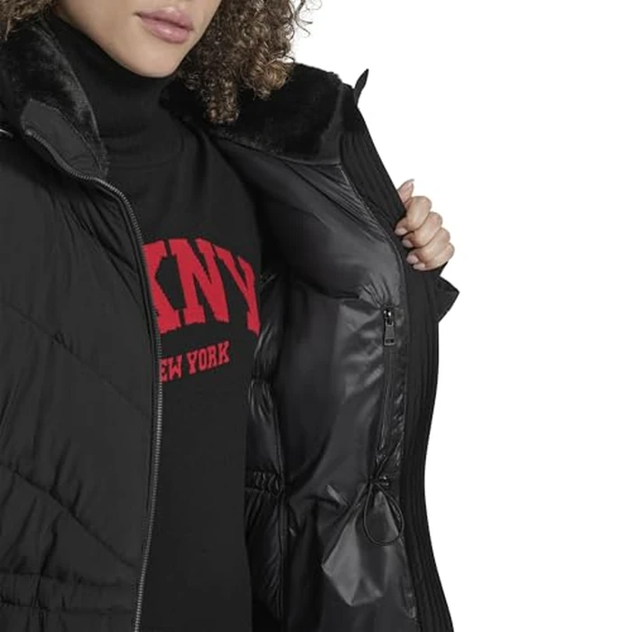 DKNY Women's Walker-Length Puffer Coat with Hood and Adjustable Internal Drawcord - Quilted Long Winter Jacket, Black, S by DKNY - Image 2