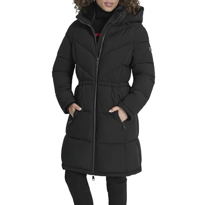 DKNY Women's Walker-Length Puffer Coat with Hood and Adjustable Internal Drawcord - Quilted Long Winter Jacket, Black, S by DKNY - Image 6