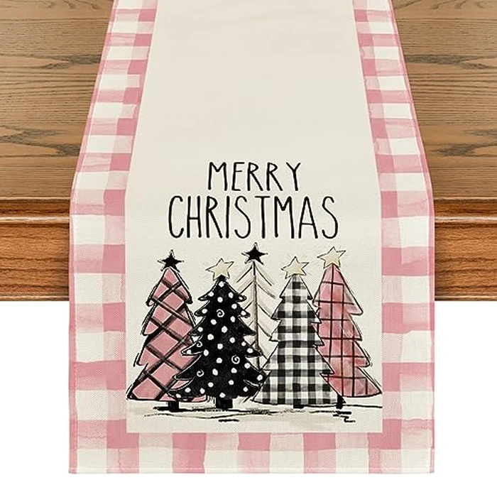 Artoid Mode Watercolor Pink Buffalo Plaid Christmas Trees Merry Xmas Table Runner, Seasonal Winter Holiday Kitchen Dining Table Decoration for Indoor Outdoor Home Party Decor 13 x 120 Inch by Artoid Mode - Used - Very Good condition