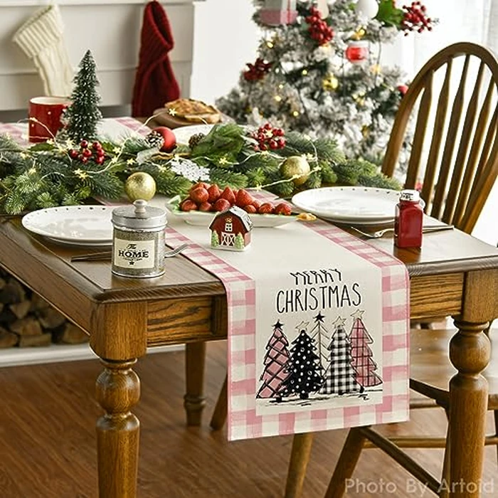 Artoid Mode Watercolor Pink Buffalo Plaid Christmas Trees Merry Xmas Table Runner, Seasonal Winter Holiday Kitchen Dining Table Decoration for Indoor Outdoor Home Party Decor 13 x 120 Inch by Artoid Mode - Image 2