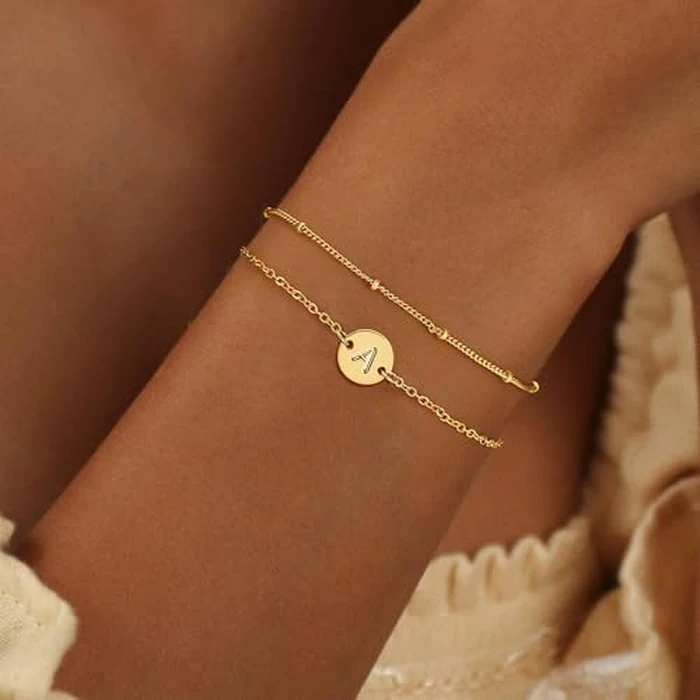 JNZSSWHJJH Bracelets for Women - 18K Gold Plated Disc Letter N Initial Bracelet | Dainty Letter Charm Bracelet | Initial Bracelets for Women by JNZSSWHJJH - Image 2