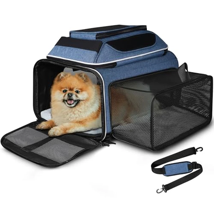 Petskd Top and Side Expandable Pet Carrier 17x11x9.5 Inches Alaska Airline Approved, Soft-Sided Carrier for Small Cats and Dogs with Locking Safety Zippers and Anti-Scratch Mesh(Blue) by Petskd - Used - Like New condition - US$68.23