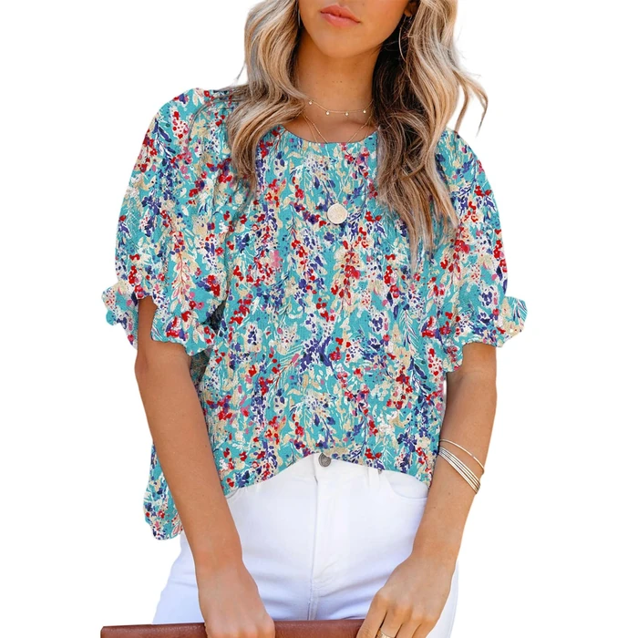 Dokotoo Cute Tops for Women Floral Print Round Neck Smocked Ruffle Short Puff Sleeve Blouses Stylish Summer Shirts Babydoll Chiffon Clothing for Women Resort Wear Sky Blue M by Dokotoo - Image 1