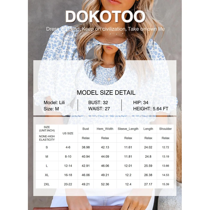 Dokotoo Cute Tops for Women Floral Print Round Neck Smocked Ruffle Short Puff Sleeve Blouses Stylish Summer Shirts Babydoll Chiffon Clothing for Women Resort Wear Sky Blue M by Dokotoo - Image 6
