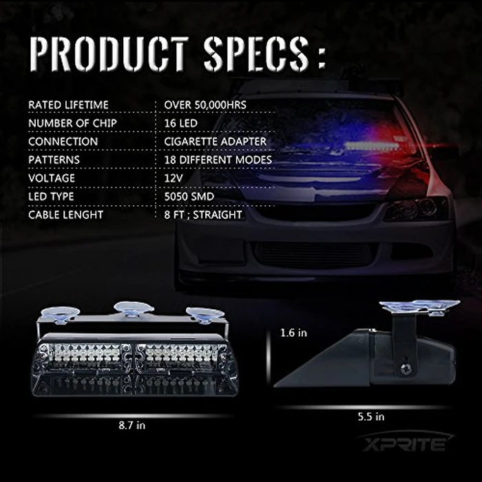 Xprite White Red LED Emergency Dash Strobe Light, Interior Windshield Safety Warning Firefighter Lights w/Suction Cups, 12V Windshield Visor Light Bar for Police Ambulance EMS Patrol Vehicles Trucks by Xprite - Image 7