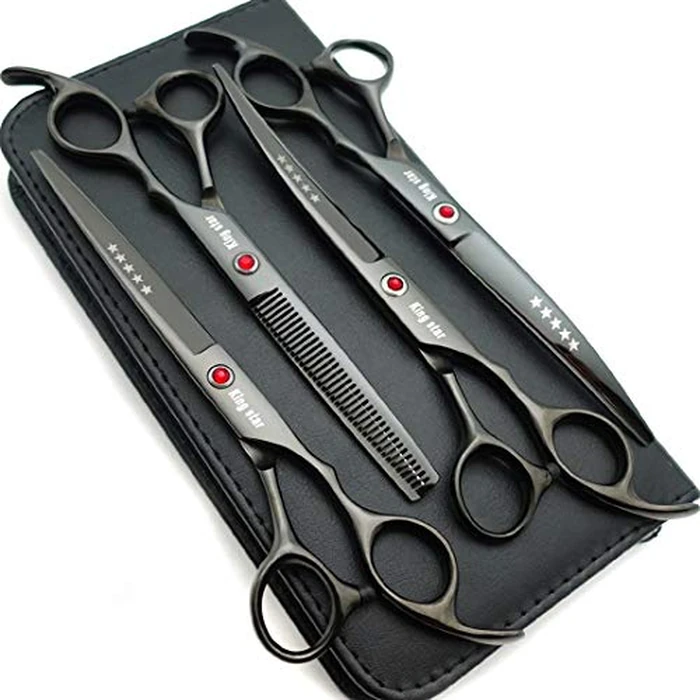7.0in Titanium Professional dog Grooming Scissors set,Straight & Thinning & Curved scissors 4pcs set for Dog grooming (Bright black) by KINGSTAR - Used - Like New condition - US$37.99