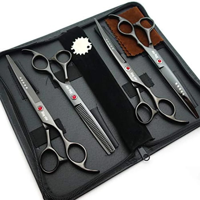 7.0in Titanium Professional dog Grooming Scissors set,Straight & Thinning & Curved scissors 4pcs set for Dog grooming (Bright black) by KINGSTAR - Image 2