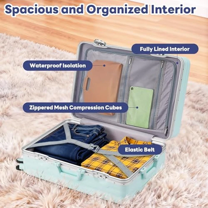 Faqy Z 20 Inch Carry On Luggage, Zipperless Luggage with Spinner Wheels, Airline Approved Suitcase with Cup Holder, TSA Lock and USB Charger for Travel, Mint Green by Faqy Z - Image 2