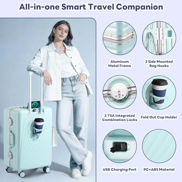 Faqy Z 20 Inch Carry On Luggage, Zipperless Luggage with Spinner Wheels, Airline Approved Suitcase with Cup Holder, TSA Lock and USB Charger for Travel, Mint Green by Faqy Z - Image 3