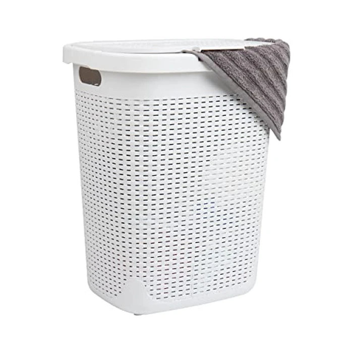Mind Reader 50L Slim Laundry Hamper, Clothes Basket, Lid, Wicker Design, Plastic, 17.65" L x 13.75" W x 21" H, White by Mind Reader - Image 1