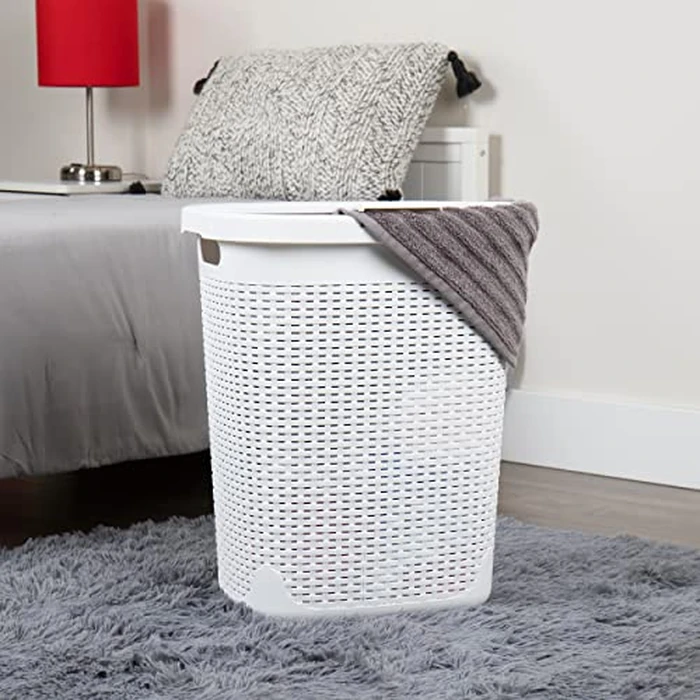 Mind Reader 50L Slim Laundry Hamper, Clothes Basket, Lid, Wicker Design, Plastic, 17.65" L x 13.75" W x 21" H, White by Mind Reader - Image 2