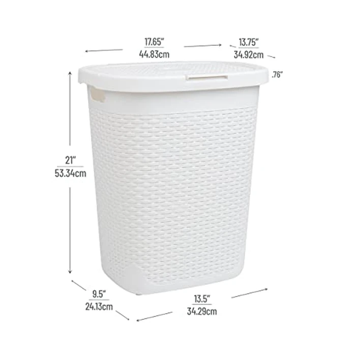 Mind Reader 50L Slim Laundry Hamper, Clothes Basket, Lid, Wicker Design, Plastic, 17.65" L x 13.75" W x 21" H, White by Mind Reader - Image 3