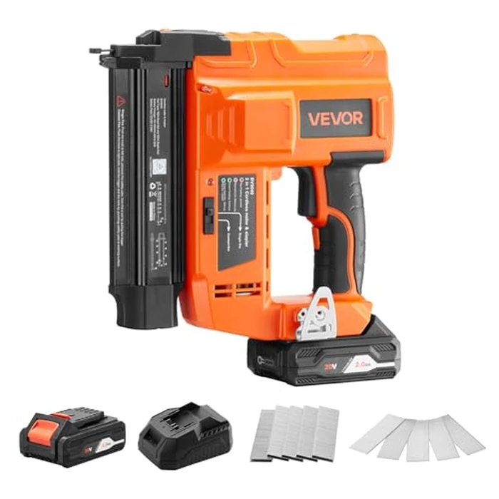 VEVOR 2-in-1 Cordless Brad Nailer, 18 Gauge, 20V Battery Powered Nail Gun and Staple Gun, with 500 pcs Nails, 500 pcs Staples, 2.0 Ah Li-ion Battery and Charger, for Home Improvement, Woodworking by VEVOR - Image 1