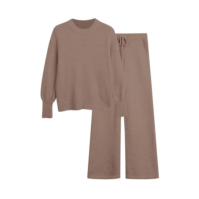 GKBK Women's 2 Piece Fuzzy Fleece Pajama Set Long Sleeve Crew Neck Top Fluffy Pajama Pants Loungewear Brown S by GKBK - Used - Very Good condition