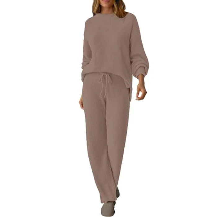 GKBK Women's 2 Piece Fuzzy Fleece Pajama Set Long Sleeve Crew Neck Top Fluffy Pajama Pants Loungewear Brown S by GKBK - Image 5