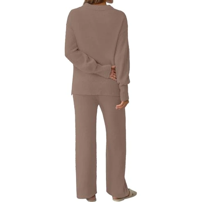 GKBK Women's 2 Piece Fuzzy Fleece Pajama Set Long Sleeve Crew Neck Top Fluffy Pajama Pants Loungewear Brown S by GKBK - Image 8