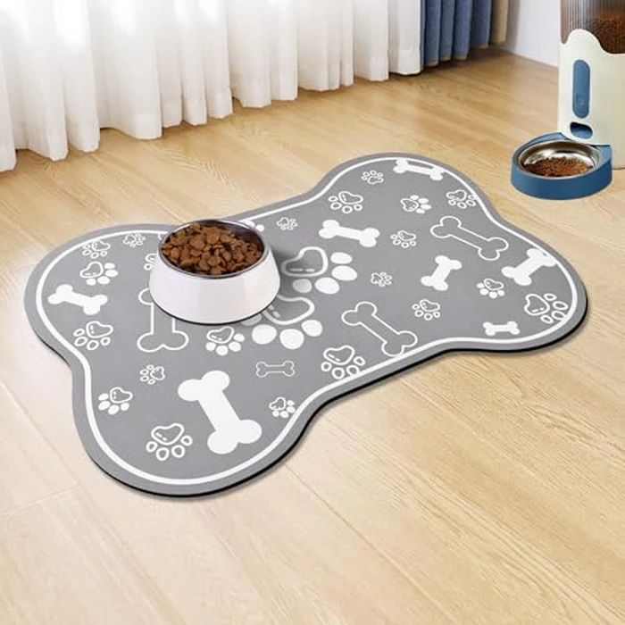 Dog Cat Food Mat,Rapid Absorbent Pet Feeding Mat, Bone Shaped Dog Placemat Water Bowl Mat with Rubber Backing,No Stains Dog Cat Food Mats Indoor, Pet Accessories Supplies 16"x24" Grey by Voanos - Used - Like New condition - US$16.14