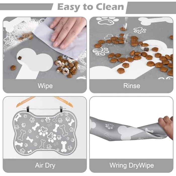 Dog Cat Food Mat,Rapid Absorbent Pet Feeding Mat, Bone Shaped Dog Placemat Water Bowl Mat with Rubber Backing,No Stains Dog Cat Food Mats Indoor, Pet Accessories Supplies 16"x24" Grey by Voanos - Image 5