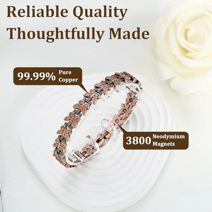 Fashtour Copper Bracelet and Ring Set for Women, 99.99% Pure Copper Magnetic Bracelet with Butterfly Design & Matching Adjustable Heart Ring - 3800 Gauss Magnets, Includes Sizing Tool & Gift Box by Fashtour - Image 2