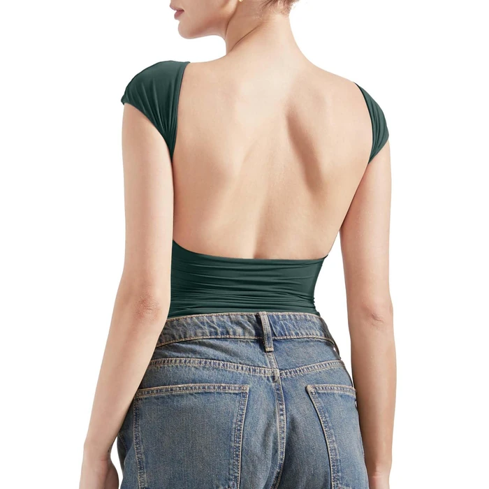 SUUKSESS Women Backless Sexy Going Out Crop Tops Double Lined Open Back Y2k Basic Tee Shirts (Emerald, S) by SUUKSESS - Used - Like New condition - US$18.99