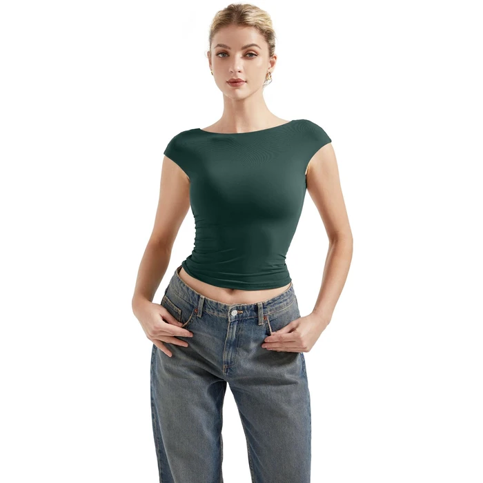 SUUKSESS Women Backless Sexy Going Out Crop Tops Double Lined Open Back Y2k Basic Tee Shirts (Emerald, S) by SUUKSESS - Image 3