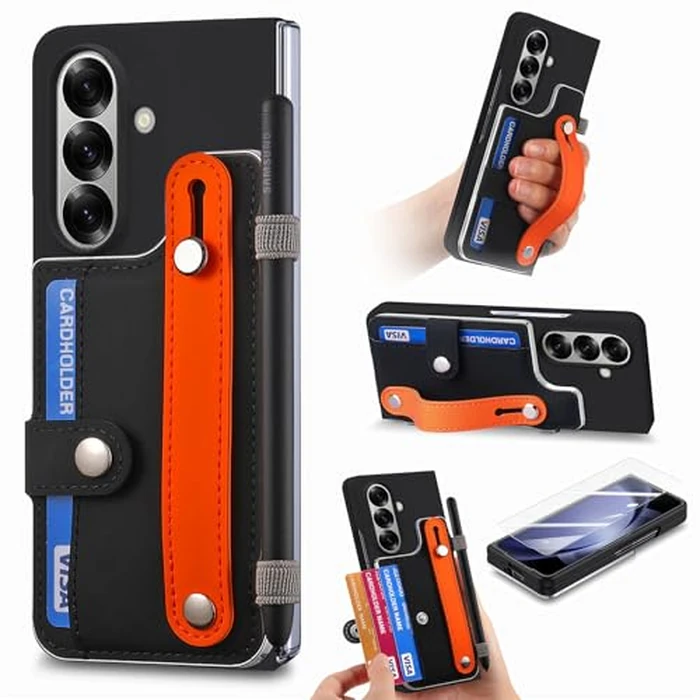 Omio for Galaxy Z Fold 7 Wallet Case with S Pen Holder & Stand, Built-in Screen Protector Wrist Strap Card Holder Back Cover Hard PC Shockproof Finger Grip Case for Men Women Girls, Black by Omio - Used - Acceptable condition