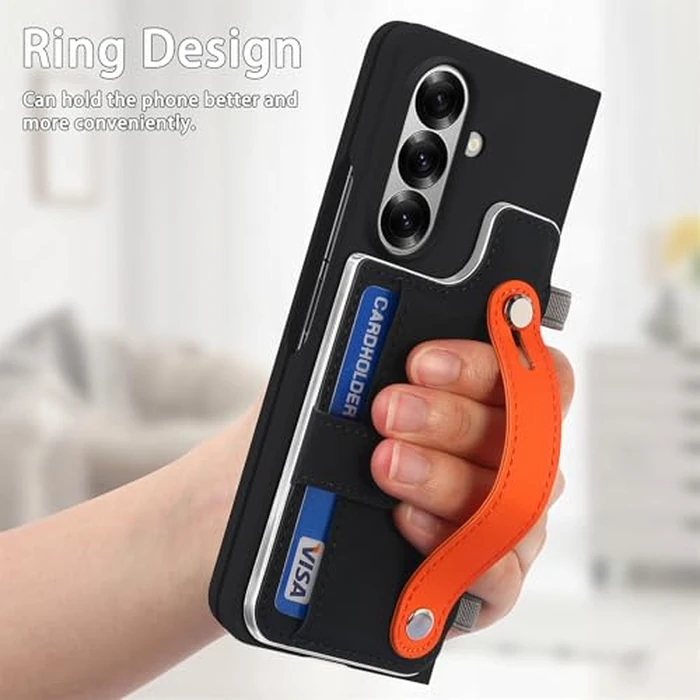 Omio for Galaxy Z Fold 7 Wallet Case with S Pen Holder & Stand, Built-in Screen Protector Wrist Strap Card Holder Back Cover Hard PC Shockproof Finger Grip Case for Men Women Girls, Black by Omio - Image 4