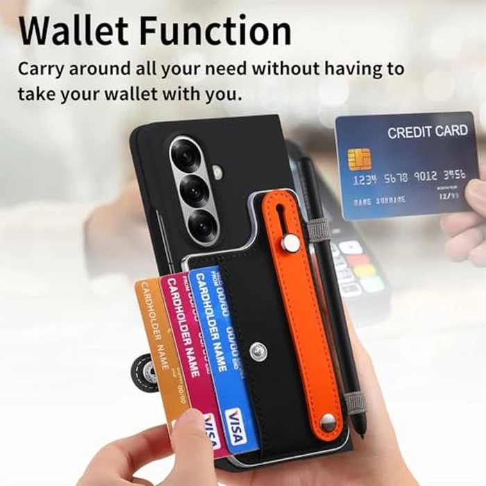 Omio for Galaxy Z Fold 7 Wallet Case with S Pen Holder & Stand, Built-in Screen Protector Wrist Strap Card Holder Back Cover Hard PC Shockproof Finger Grip Case for Men Women Girls, Black by Omio - Image 6