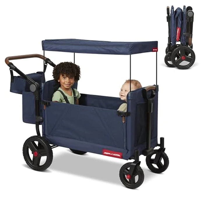 Radio Flyer Atlas Stroll 'N Wagon, Navy Blue, For Ages 1+, 3-in-1 Push or Pull Versatility, One-Hand Fold, UV Canopy, 5-Point Harnesses, Storage Capabilities, Rubber Wheels, Stroller Wagon for Kids by Radio Flyer - Used - Very Good condition - US$328.23