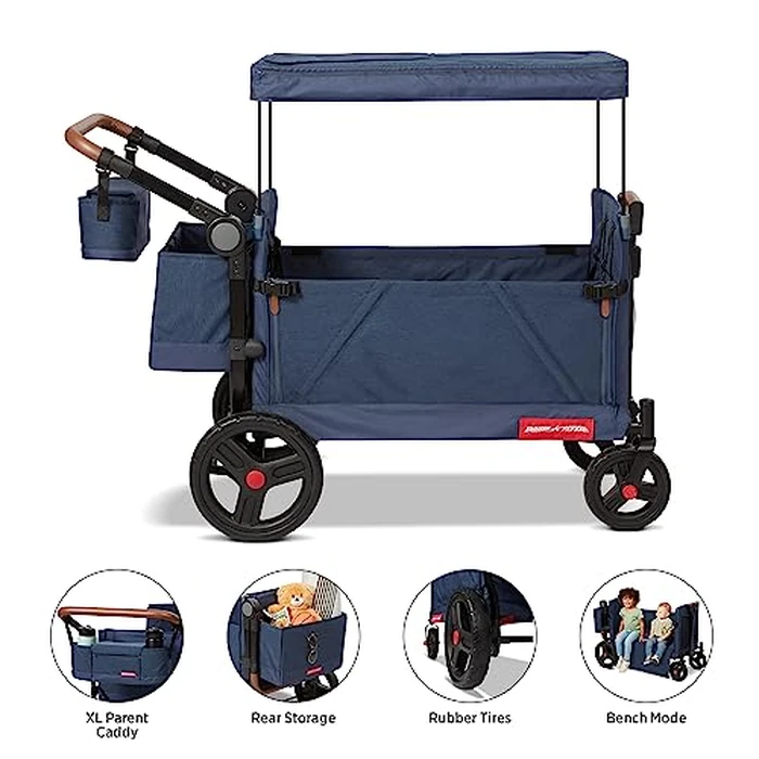 Radio Flyer Atlas Stroll 'N Wagon, Navy Blue, For Ages 1+, 3-in-1 Push or Pull Versatility, One-Hand Fold, UV Canopy, 5-Point Harnesses, Storage Capabilities, Rubber Wheels, Stroller Wagon for Kids by Radio Flyer - Image 2