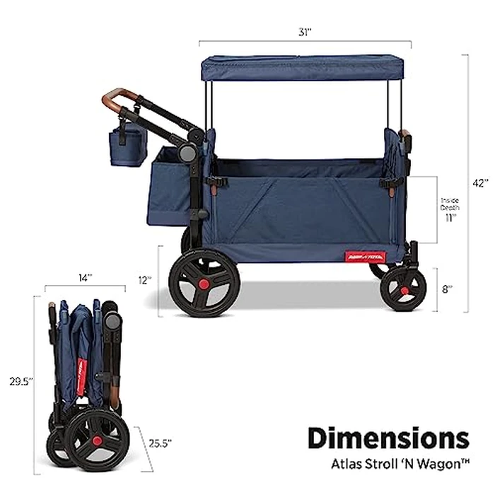 Radio Flyer Atlas Stroll 'N Wagon, Navy Blue, For Ages 1+, 3-in-1 Push or Pull Versatility, One-Hand Fold, UV Canopy, 5-Point Harnesses, Storage Capabilities, Rubber Wheels, Stroller Wagon for Kids by Radio Flyer - Image 3