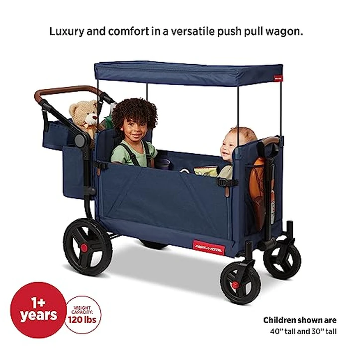 Radio Flyer Atlas Stroll 'N Wagon, Navy Blue, For Ages 1+, 3-in-1 Push or Pull Versatility, One-Hand Fold, UV Canopy, 5-Point Harnesses, Storage Capabilities, Rubber Wheels, Stroller Wagon for Kids by Radio Flyer - Image 5