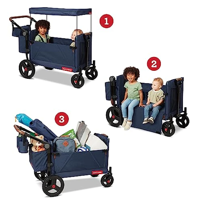 Radio Flyer Atlas Stroll 'N Wagon, Navy Blue, For Ages 1+, 3-in-1 Push or Pull Versatility, One-Hand Fold, UV Canopy, 5-Point Harnesses, Storage Capabilities, Rubber Wheels, Stroller Wagon for Kids by Radio Flyer - Image 7