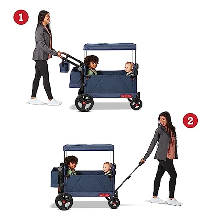 Radio Flyer Atlas Stroll 'N Wagon, Navy Blue, For Ages 1+, 3-in-1 Push or Pull Versatility, One-Hand Fold, UV Canopy, 5-Point Harnesses, Storage Capabilities, Rubber Wheels, Stroller Wagon for Kids by Radio Flyer - Image 8