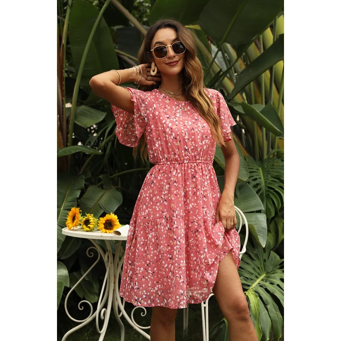 Manydress Women's Chiffon Floral Casual Summer Boho Flutter Sleeve Flowy Skater Western Dress MY112 (Pink Print, S) by Manydress - Image 4