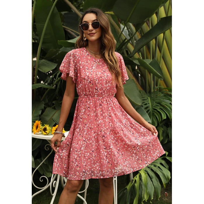 Manydress Women's Chiffon Floral Casual Summer Boho Flutter Sleeve Flowy Skater Western Dress MY112 (Pink Print, S) by Manydress - Image 6