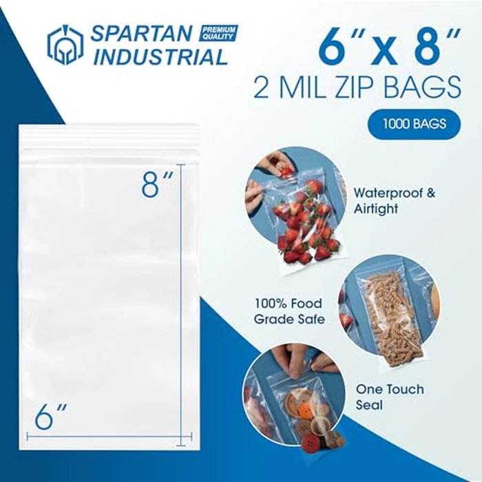 Spartan Industrial - 6” X 8” (1000 Count) 2 Mil Clear Reclosable Zip Plastic Poly Bags with Resealable Lock Seal Zipper by Spartan Industrial - Image 2