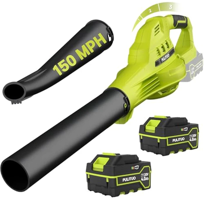 Leaf Blower Cordless with 2X 4.0Ah Batteries and Charger, 150MPH Lightweight Cordless Blower, 3 Speeds Small Battery Operated Leaf Blowers for Lawn Care, Patio, Yard, Leaves, Grass, Dust (Green) by PULITUO - Used - Very Good condition - US$51.21